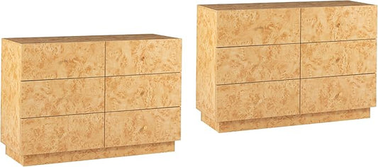 Modern 6 Drawer Dresser Set of 2 with Burl Finish, Wide Wood Chest of Drawers Clothes Organizer, Stylish Large Storage Cabinet for Bedroom or Entryway