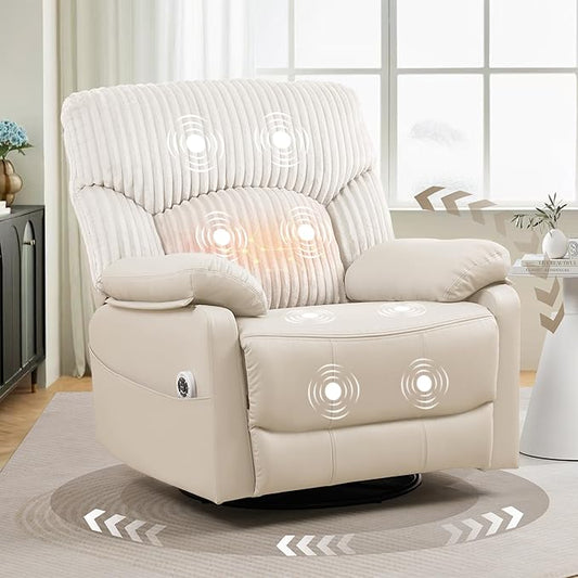 Power Swivel Rocker Recliner Chair with Massage and Heat for Adults, Electric Infinite Position Recliner with USB Charging Port, Corduroy and PU Leather Mixed Fabric, Easy Assembly (Ivory)