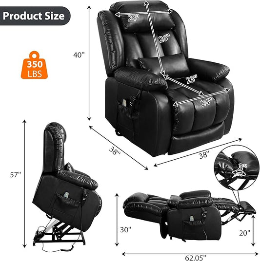 EDILLY Large Lift Chair Recliner, Genuine Leather Dual Motor Recliners Chairs for Elderly, Heating and Massage for Seniors, Double Lumbar Cushions and Extended Footrest, USB/Type-c Port(Black)