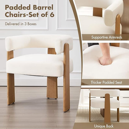 Upholstered White Velvet Dining Chairs Set of 6, Boho Modern Barrel Accent Armchairs, Thick Padded Seat & Natural Wooden Legs, Mid Century Inspired Kitchen/Dining Room Chairs, Creamy White