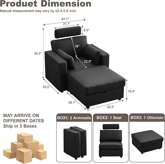 41.1" Accent Storage Sofa Chair with Ottoman, Faux Leather Living Room Chaise Lounge Chair with Headrest & Side Pockets, Modern Upholstered Comfy Arm Chairs, Sleeper Sofa, Reading Club Chairs, Black
