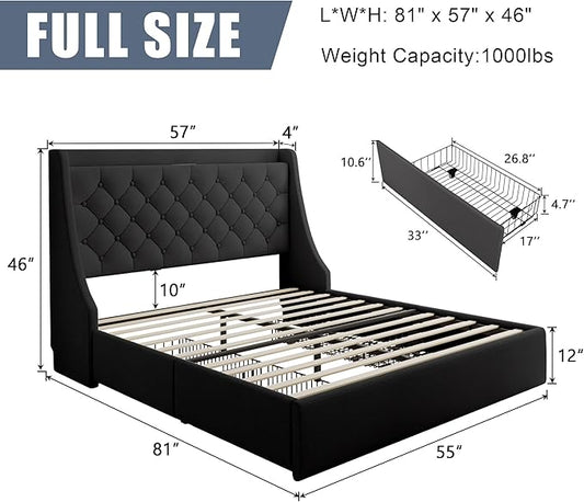 Full Size Upholstered Platform Bed Frame with 4 Storage Drawers and Charging Station, Linen Button Tufted Wingback Headboard, Sturdy Wooden Support Slats, No Box Spring Needed, Dark Grey