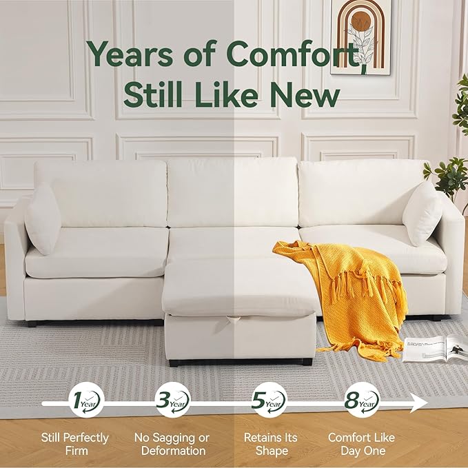 109'' Modular Sectional Sofa, L Shaped Couch with Storage Ottoman, Comfy Cloud Sofa with Deep Seat, 4 Seat Convertible Sectional Couches for Living Room (Beige, Low Legs 1.97")