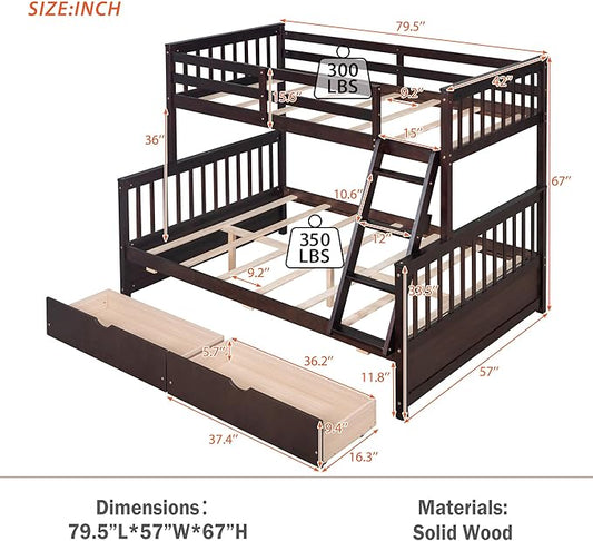 Merax Wood Bunk Bed with Two Drawers,Convertible Wood Bunk Bed with Ladders and Two Storage Drawers,Solid Wood Detachable Bed Frame with Ladders, Twin Over Full Size, Espresso
