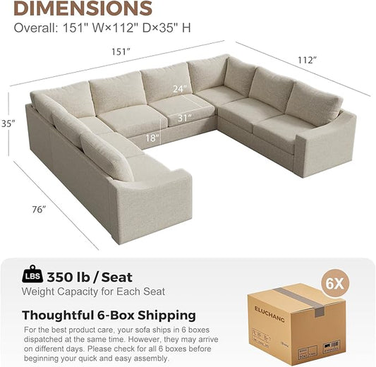 ABCASA Oversized 136" Modular Sectional Sofa, Deep Seat U Shaped Couches for Living Room, Breathable Linen Fabric Corner Couch, Easy to Assemble, Oatmeal