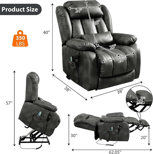 EDILLY Large Reclining Lift Chair, Dual Motor Massage Chair, Genuine Leather Recliner with Heating and Massage for Seniors, with Double Lumbar Cushion and Extended Footrest, USB Port(Silver Grey)