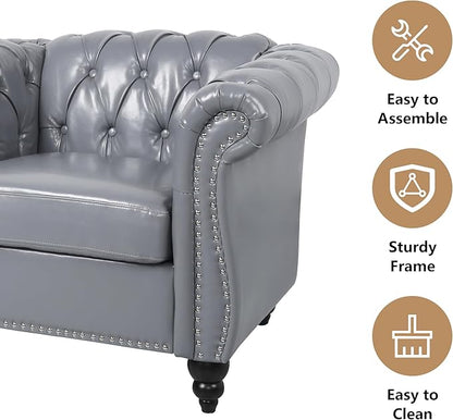 Chesterfield 3 Seater Sofa, Modern Leather Tufted Couch 3 Seater with Rolled Arms and Nailhead Mid-Century Upholstered Couch for Living Room, Bedroom, Apartment and Office, Grey