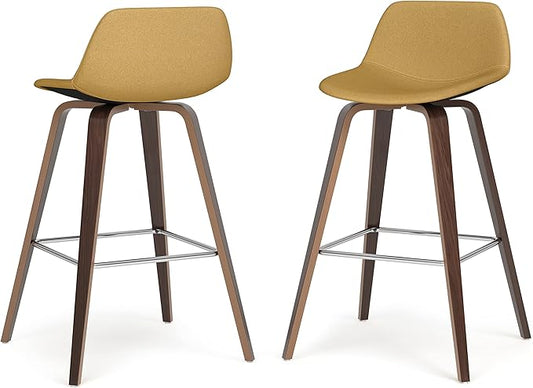 SIMPLIHOME Randolph Counter Stools (Set of 2) - 28 Inch Seat Height Upholstered Bentwood Kitchen Seats in Dijon Yellow Polyester Linen, Mid Century Modern Seating with Curved Backrest and Footrest