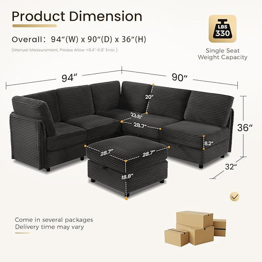 KKL Modular Sectional Sofa V-Shaped 6 Seater Couch with Storage Ottoman, Convertible L/J-Shaped Couch and Sofa Bed Plush Wide-Wale Corduroy for Living Room, Apartment, Modern Design, Black