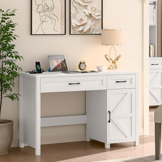 Farmhouse 47" Executive Desk, Computer Desk with Drawers and Storage Cabinet, Workstation Computer Desk for Home Office, Study.Cream White