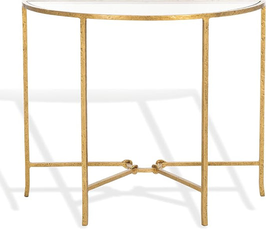 SAFAVIEH Couture Collection Tauri Brass Metal Glass Top Half Moon Console Table (Fully Assembled)