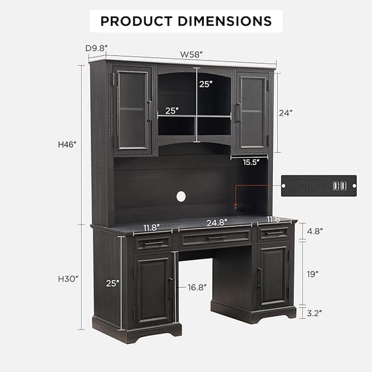 JXQTLINGMU Farmhouse 76" Height Computer Desk with Hutch, Office Desk with Charging Station, Drawers and Storage Cabinet, Workstation for Office Home, Black