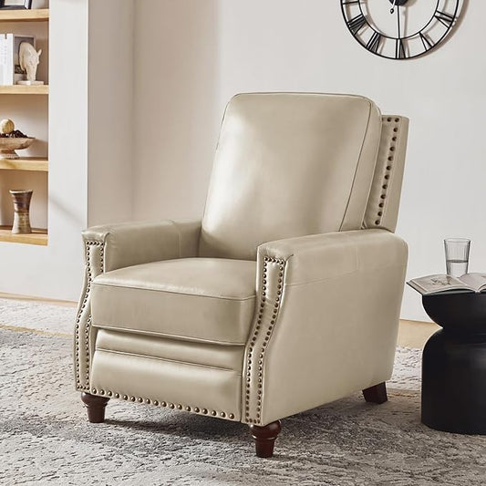 HULALA HOME Genuine Leather Recliner Chair, Classic Push Back Recliner Armchair with Thick Seat and Backrest, Comfy Adjustable Home Theater Single Recliner w/Nailhead Decor for Living Room (Beige)