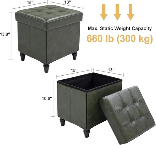 GLAXYFUR Storage Ottoman Bench, 15 Inches Foldable Ottoman Foot Stool with Legs, PU Leather Footrest for Living Room, Bedroom, Dorm (Green)