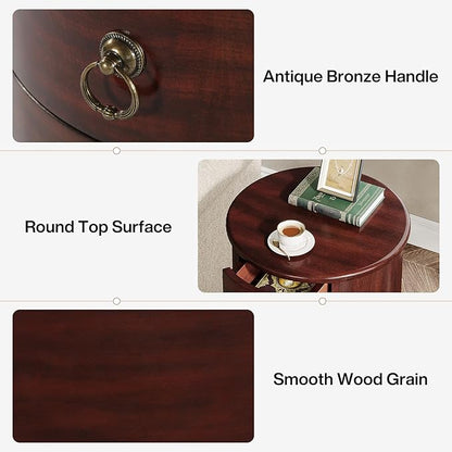 Tribesigns Solid Wood End Table, Round Side Table with 4 Drawers, Vintage Bedside Table Nightstand for Small Spaces, Living Room, Bedroom, No Assembly Required (1, Cherry Brown)