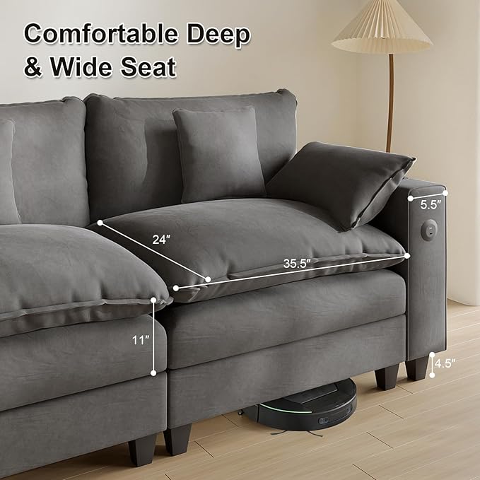 Cloud Couch, Modular Sectional Sofa with Ottoman, Charging Station, Throw Pillows, Cup Holders, Modern Convertible L Shaped Couches for Living Room, Bedroom (Grey, 116"- L Shape)