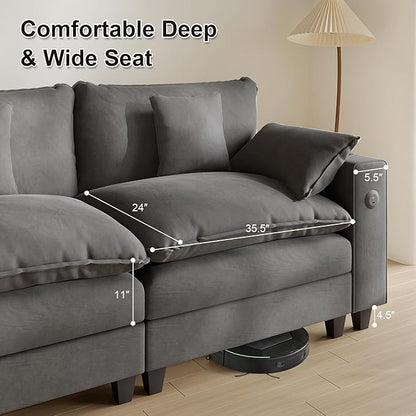 Modular Sectional Sofa, Cloud Couch with Ottoman, Charging Station, Throw Pillows, Cup Holders, Modern Convertible L Shaped Couches for Living Room, Bedroom (Grey, 152"- L Shape)