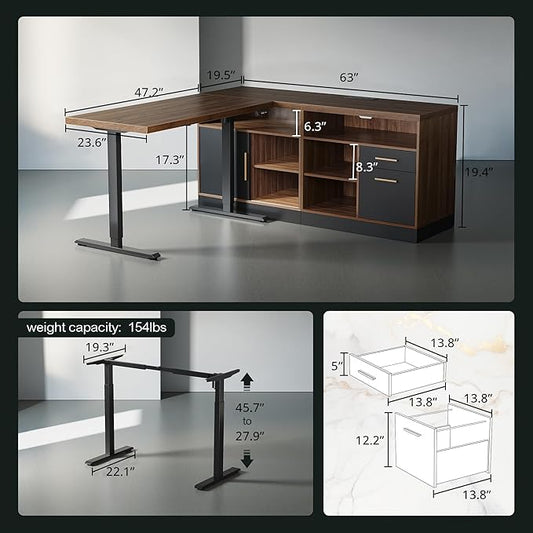 67" Standing Desk with 2 File Cabinets, AC/USB, 1.18" Desktop, L Shaped Height Adjustable Electric Stand Up Desk, Multiple Functions for Home and Office, Black Walnut