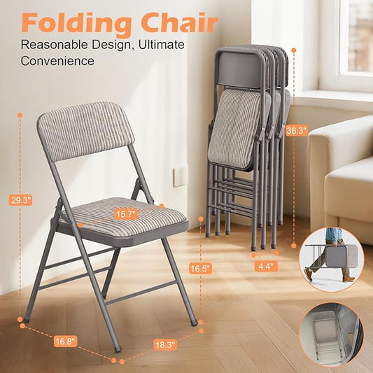 Commercial Grade Folding Chair with Padded Fabric Cushion（16"X16" |Double-hinged Legs Luxury Style|4.5kg Capacity Max Weight 150Kg for Home and Office,Indoor and Outdoor Events (4, Fabric-Beige)
