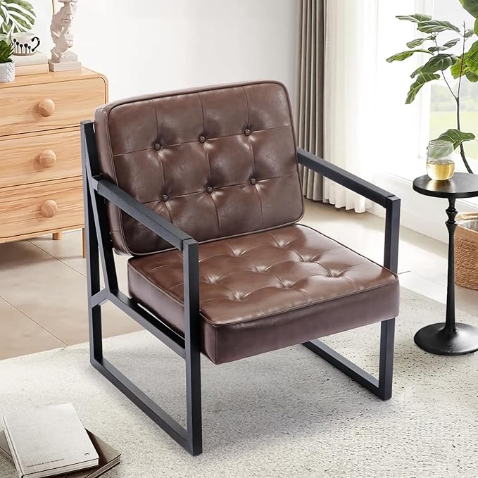 COLAMY Mid Century Modern Accent Chair, Comfy Living Room Chairs, Brown Leather Accent Chair, Faux Leather Reception Armchair with Metal Legs for Living Room Bedroom Reception Waiting Room, Brown
