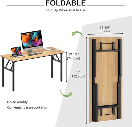 Need Folding Computer Desk, Large 60 inches Folding Table for Home Office, No Install Needed Foldable Writing Table Desk, Teak and Black