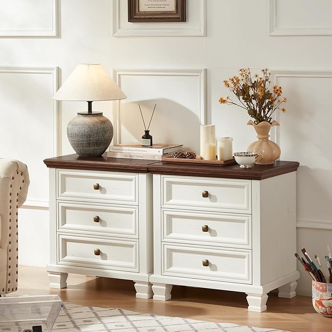 Farmhouse Bedroom Dresser and Nightstand Set of 4, 6 Drawer Low & 5 Drawers Dresser & 3 Drawer Nightstand Set with Wooden Legs, Rustic Wood Bedroom Furniture for Livingroom, Hallway, White