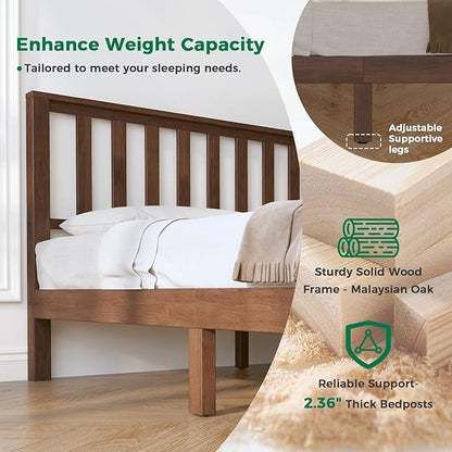 DELAVIN King Size Bed Frame and Headboard, Mid Century Modern Platform Bed, Malaysian Oak Bed with 12 Slats Support,Solid Wood Function, No Box Spring Needed, Easy Assembly, King, Antique Espresso