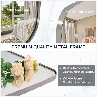 ANDY STAR Brushed Nickel Bathroom Mirror, 24x40” Oblong Mirror with Stainless Steel Metal Frame, Silver Oval Vanity Mirror for Over Sink, Modern Anti Rust Wall Mounted