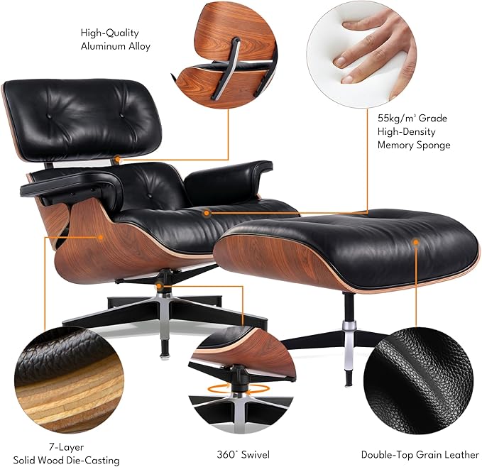 Top Black Grain Leather, Mid Century Chaise Lounge Chair and Ottoman, Accent Chair, Modern Chair, Classic Design, Heavy Duty Base Support for Living Room Lounge Office, Palisander, Heightening