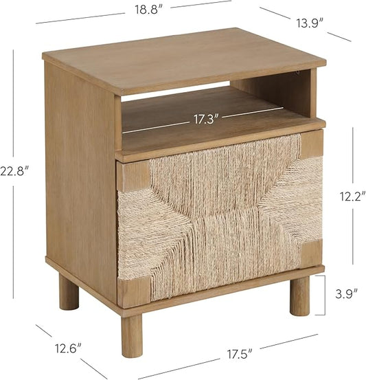 Nathan James Beacon Wood Nightstand, Bohemian Accent Table or Sofa Side Table with Seagrass Door for Bedroom or Living Room, Light Brown, Set of 2