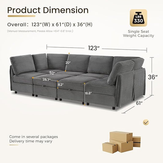 KKL Modular Sectional Sofa Bed with Storage Ottoman, Convertible L/U/J-Shaped Sleeper Couch Plush Wide-Wale Corduroy for Living Room, Apartment, Modern Design, Gray