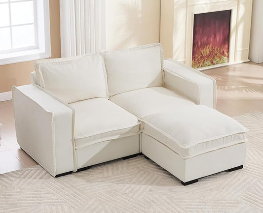 EALSON 67" Sectional Couch Modern Love Seat with Ottoman Modular Cloud Sofa with Deep Seat Comfy Linen Loveseat Sofa Convertible L Shaped Couches 2 Seater Couch for Living Room/Bedroom, White