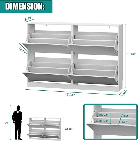 Shoe Storage Cabinet for Entryway with 4 Flip Drawers, Sturdy Wood Hidden Shoe Storage, Freestanding Narrow Slim Shoe Organizer for Front Door Entrance, Living Room, Hallway, Bedroom, White