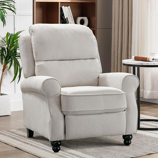 Push Back Recliner Chair, Fabric Armchair Overstuffed Pushback Recliner, Heavy Duty Single Sofa Chair with Padded Seat Solid Wood Legs for Living Room (White)