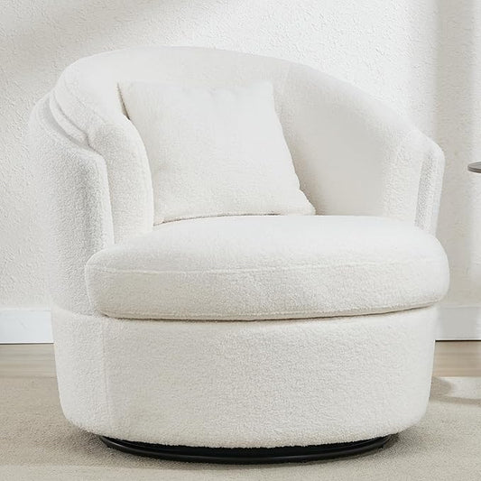 Swivel Accent Chair, 360 Degree Round Swivel Barrel Chair with Pillow, Widened Upholstered Boucle Chair Comfy Sherpa Barrel Armchair for Living Room Bedroom Reading Room, White