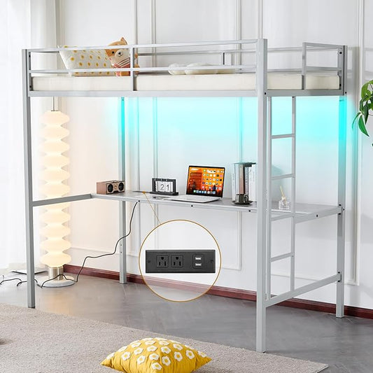 Karl home Twin Metal Loft Bed with Desk, with Power Outlet and LED Lighted, Safety Guardrail & Ladder, Space Saving, No Noise, No Box Spring Needed, Grey