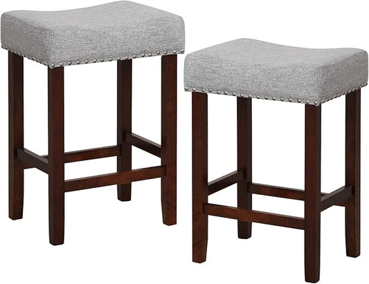 COSTWAY Counter Height Bar Stools Set of 2, 25-inch Backless Saddle Stools with Nailhead Trim, Rubber Wood Frame, Footrest, Max Load 330 Lbs, Upholstered Barstools for Kitchen Island Pub, Grey
