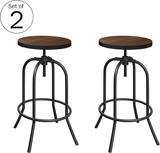Lavish Home Swivel Bar Stools - Set of 2 Adjustable Barstools for Counter or Bar Height with Round Wood Seat and Iron Tube Frame for Kitchen (Brown)