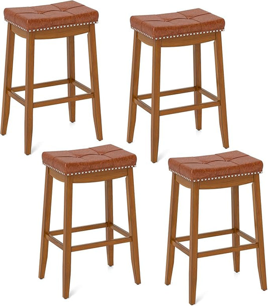 COSTWAY Saddle Bar Stools Set of 4, 29-Inch Bar Height Barstools w/PU Leather Seat, Solid Rubber Wood Frame, Footrest, Mid-Century Backless Bar Stools for Kitchen Island Home Bar