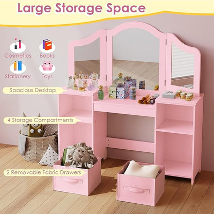 Arlopu Kids Vanity Set, 2 in 1 Toddler Makeup Dressing Table and Chair Set w/Detachable Tri-fold Mirror, Open Shelves, Princess Wooden Pretend Play Desk Furniture Toy for Little Girl (Pink)