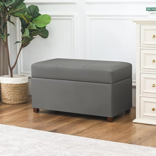 Asense Storage Ottoman Bench –32 Inch Stylish Compact Design with Storage, Extra Seating & Modern Leather Appeal for Living Room, Bedroom, Entryway， Slate Gray