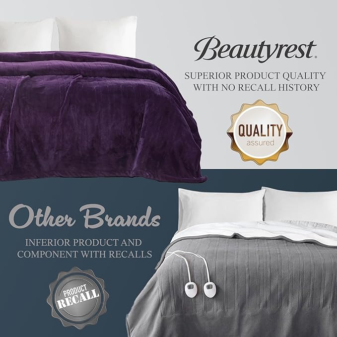 Beautyrest Heated Electric Blanket for Cold Weather, Fast Heating Heated Blanket, Auto Shut Off, Virtually Zero EMF, Multi Heat Setting, UL Certified, Purple Twin (84 inx62 in)