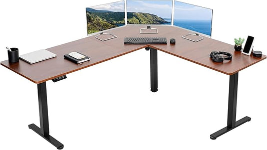VIVO Corner Standing Desk, 75 x 63 inch Reversible L-Shaped Workstation, Electric Height Adjustment, Home, Office, and Reception Rooms, Dark Walnut Table Top Black Frame, DESK-E3CTD-75