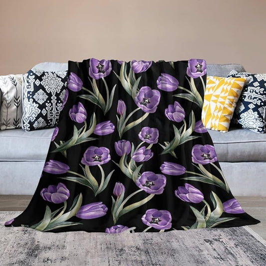 Purple Tulip Blanket Flower Gifts for Girls Women Tulip Floral Throw Blanket for Kids Adults Soft Warm Cozy Fleece Blanket for Couch Sofa Bed 60"x80"