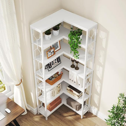 Tribesigns Corner Shelf, 7-Tier Industrial Corner Bookshelf, Wood and Metal Corner Etagere Bookcase, Freestanding Display Shelf for Living Room, Kitchen, Home Office, White
