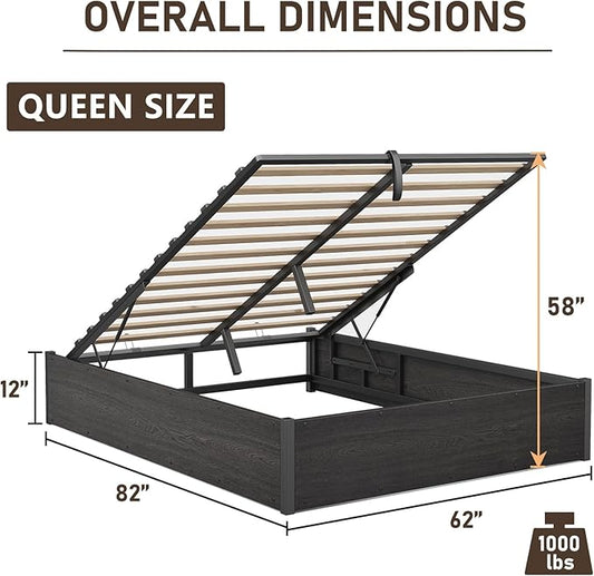 Queen Size Lift-Up Storage Platform Bed Frame, Metal Bed Frame with Wooden Slats Support, Spacious Underneath Storage, No Box Spring Required, Noise-Free, Black