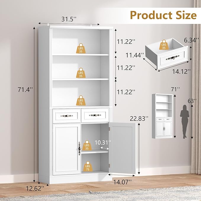 72'' Tall Bookcase with Doors and Drawers, Adjustable Shelves, P2 MDF Construction, 32'' Wide Freestanding Cabinet with Metal Handles, Hidden Storage for Living Room, Bedroom, White