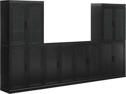 Crosley Furniture Essen 3-Piece Modern Glass Door Sideboard Buffet Cabinet and Kitchen Storage Pantry Set, Black