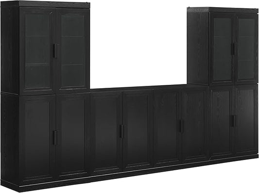 Crosley Furniture Essen 3-Piece Modern Glass Door Sideboard Buffet Cabinet and Kitchen Storage Pantry Set, Black