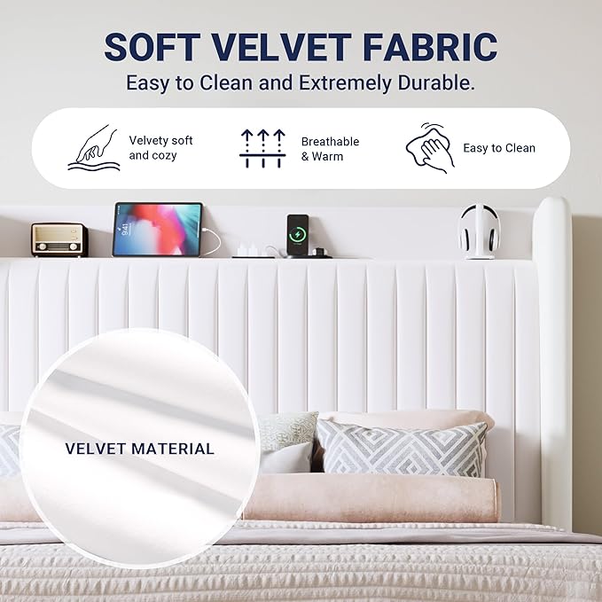 Allewie Full Size Platform Bed Frame with USB Charging Station and Storage Shelf/Upholstered Velvet Wingback Headboard/Wooden Slats Support/No Box Spring Needed/Easy Assembly, White